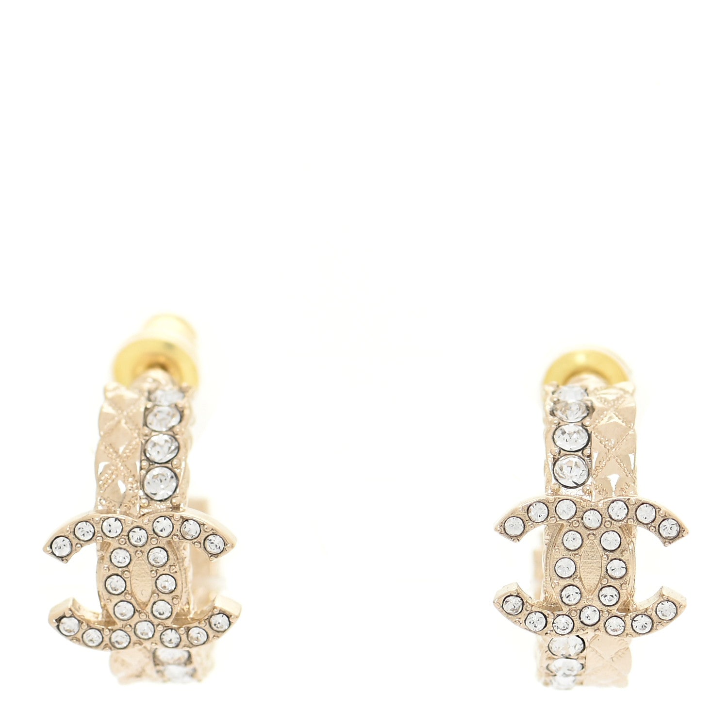 Chanel Metal Crystal Quilted CC Hoop Earrings Gold 1 of 5