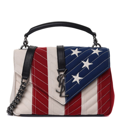 Saint Laurent Canvas Matelasse Chevron American Flag Monogram Medium College Bag Red Blue 1 of 4