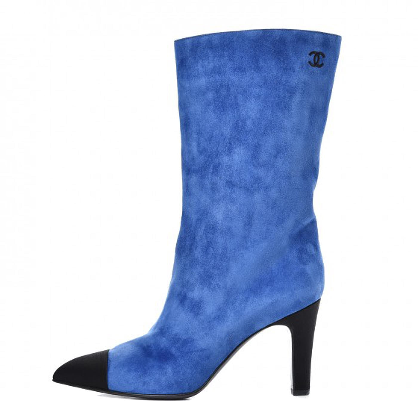 Suede Calfskin Satin Gabrielle Cap Toe Short Boots 40.5 Royal Blue Black
