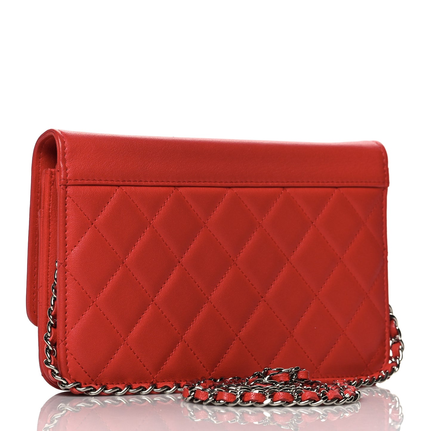 Grained Calfskin Quilted CC Box Wallet On Chain WOC Red