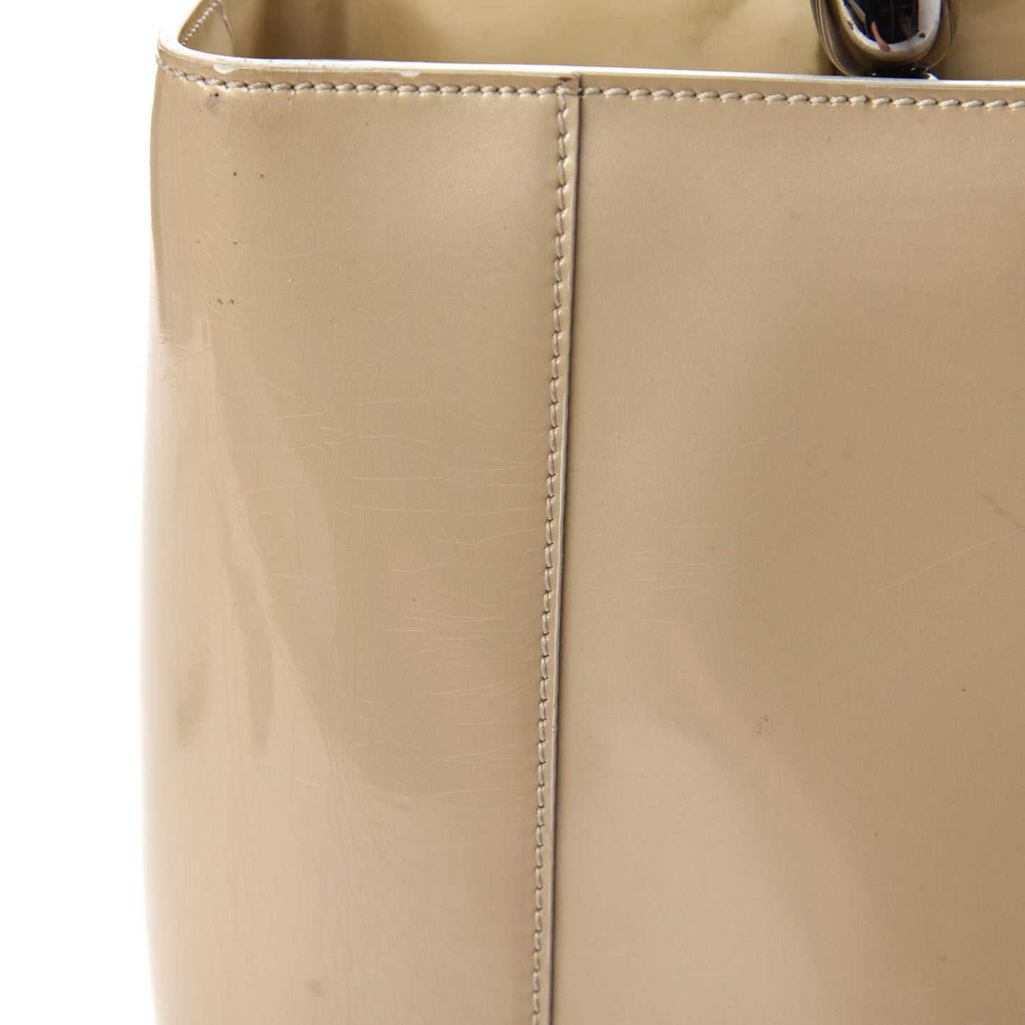 Patent Chrome Beaded Malice Tote Beige
