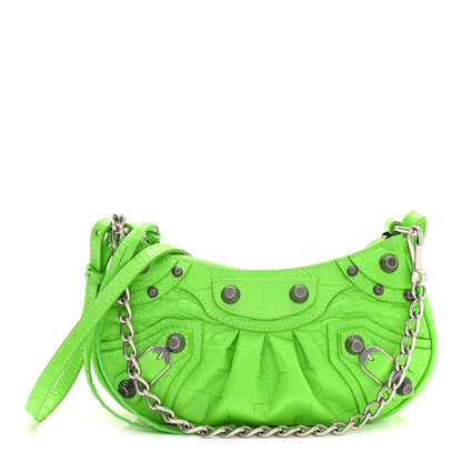 Balenciaga Extra Supple Calfskin Crocodile Embossed Le Cagole Mini Purse With Chain Acid Green 1 of 10
