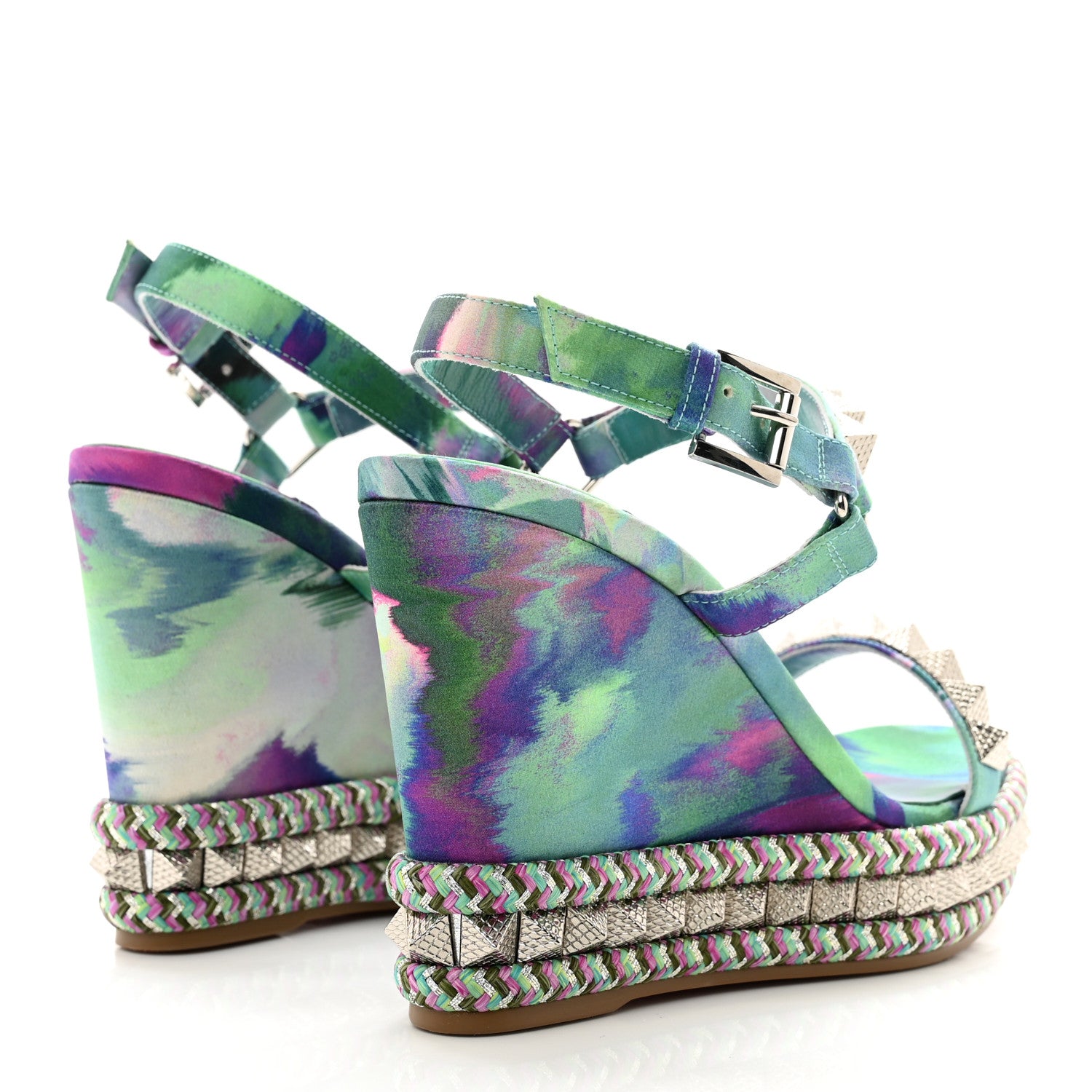 Christian Louboutin Silk Spike Studded Watercolor Pyraclou 110 Wedge Sandals 38 Green Fuschia 4 of 8
