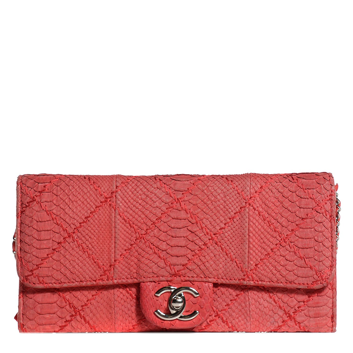 Matte Snakeskin Ultimate Stitch Flap Clutch With Chain Red