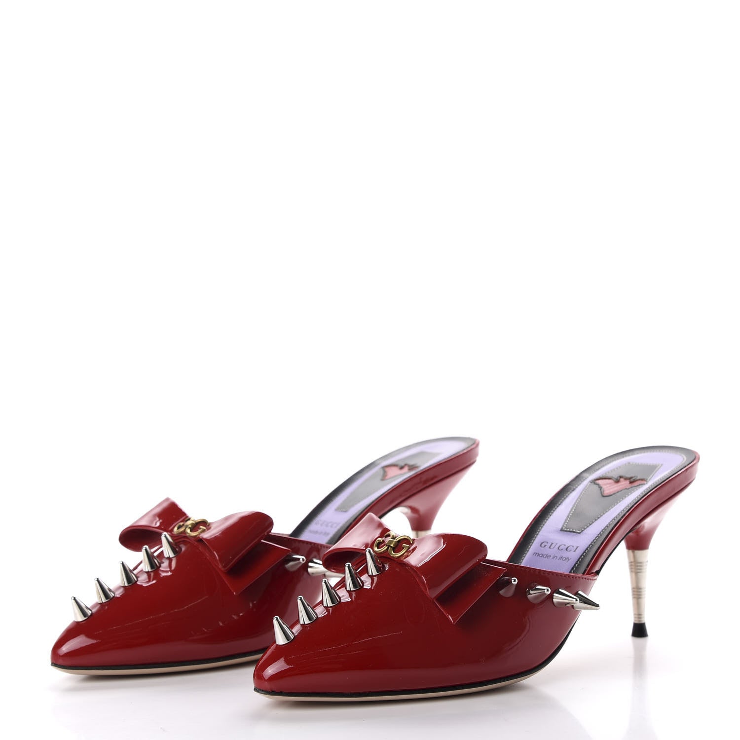 Gucci Patent GG Bow Sadie Spike Mid Heel Mules 37 Red 3 of 10