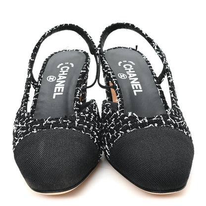 Chanel Tweed Grosgrain Cap Toe CC Slingback Pumps 38.5 Black White 3 of 10