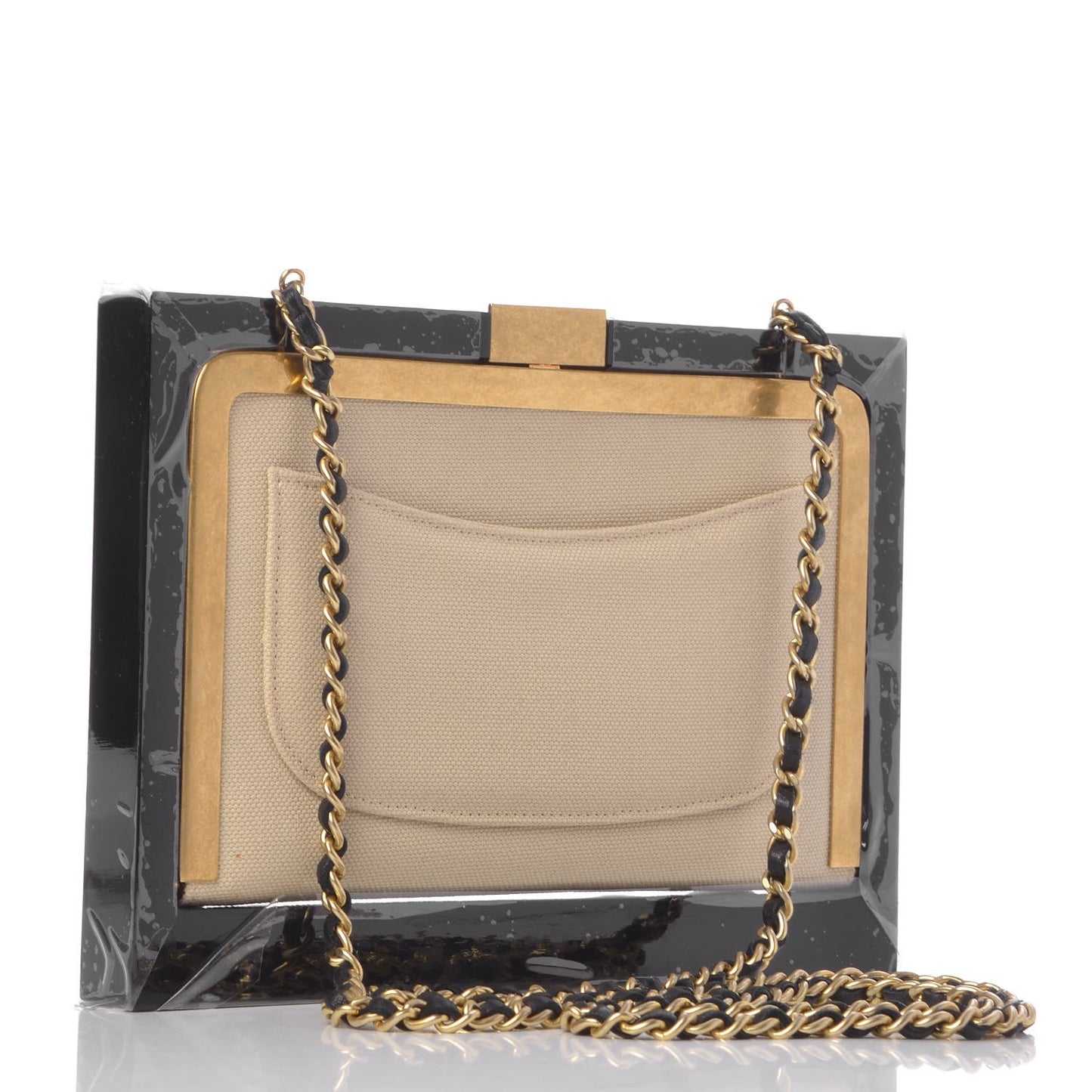Plexiglass Lambskin Framed Flap Bag Clutch Black