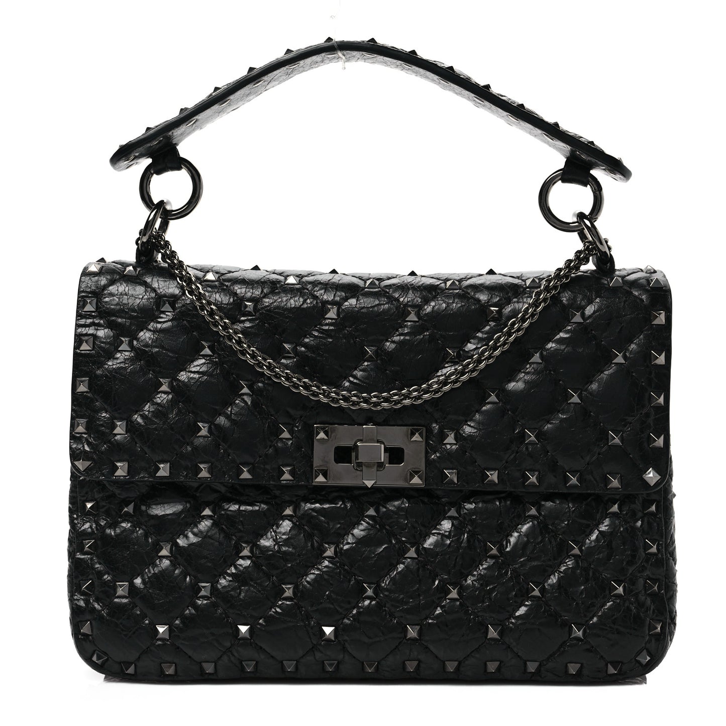 Craquele Nappa Medium Rockstud Spike Shoulder Bag Black