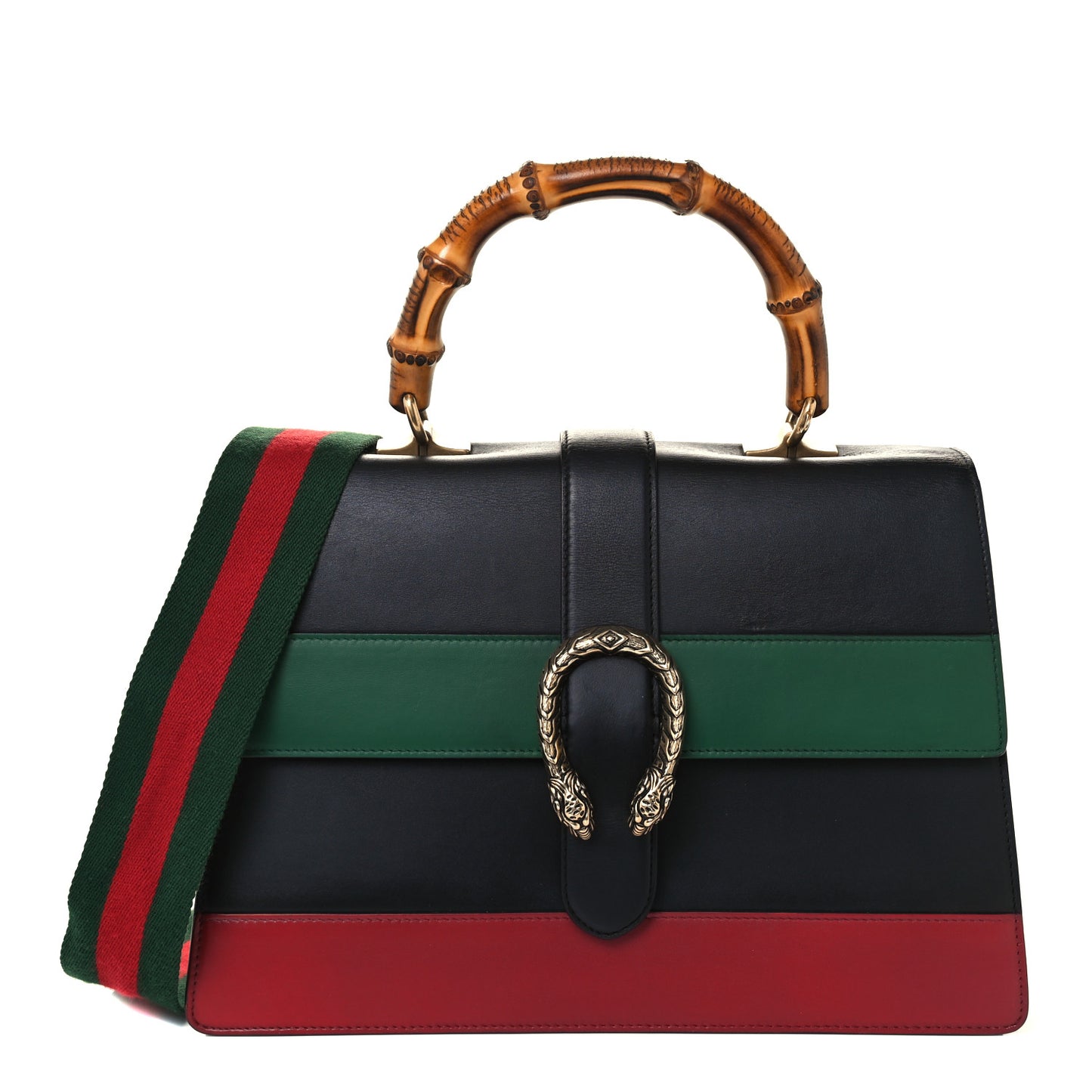 Calfskin Bamboo Web Large Dionysus Top Handle Bag Black Bright Evergreen Hibiscus Red