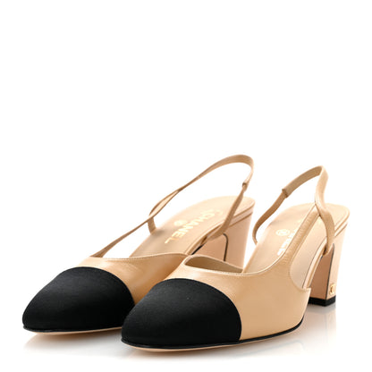 Chanel Goatskin Grosgrain Cap Toe CC Slingback Pumps 41 Beige Black 4 of 10
