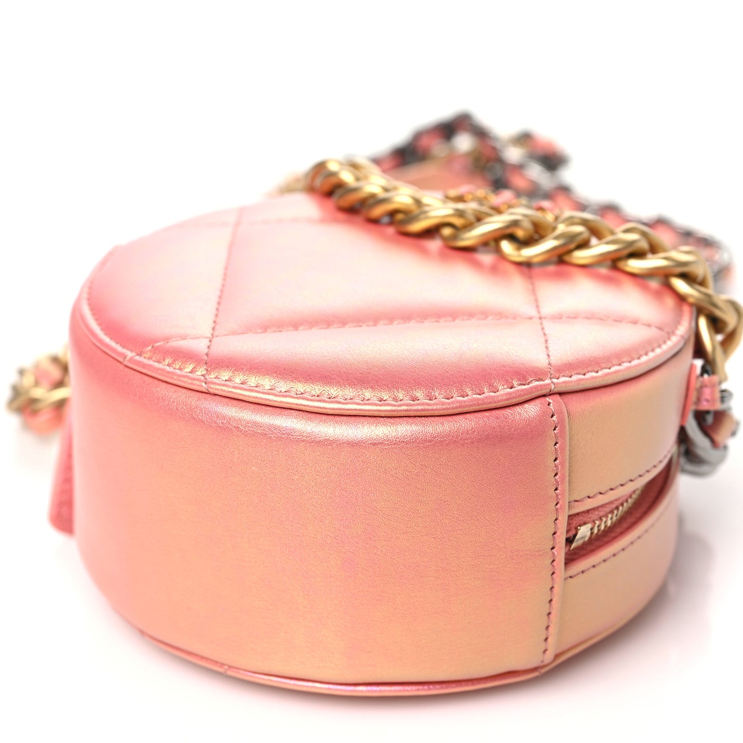 Iridescent Calfskin Quilted Chanel 19 Round Clutch With Chain Pink