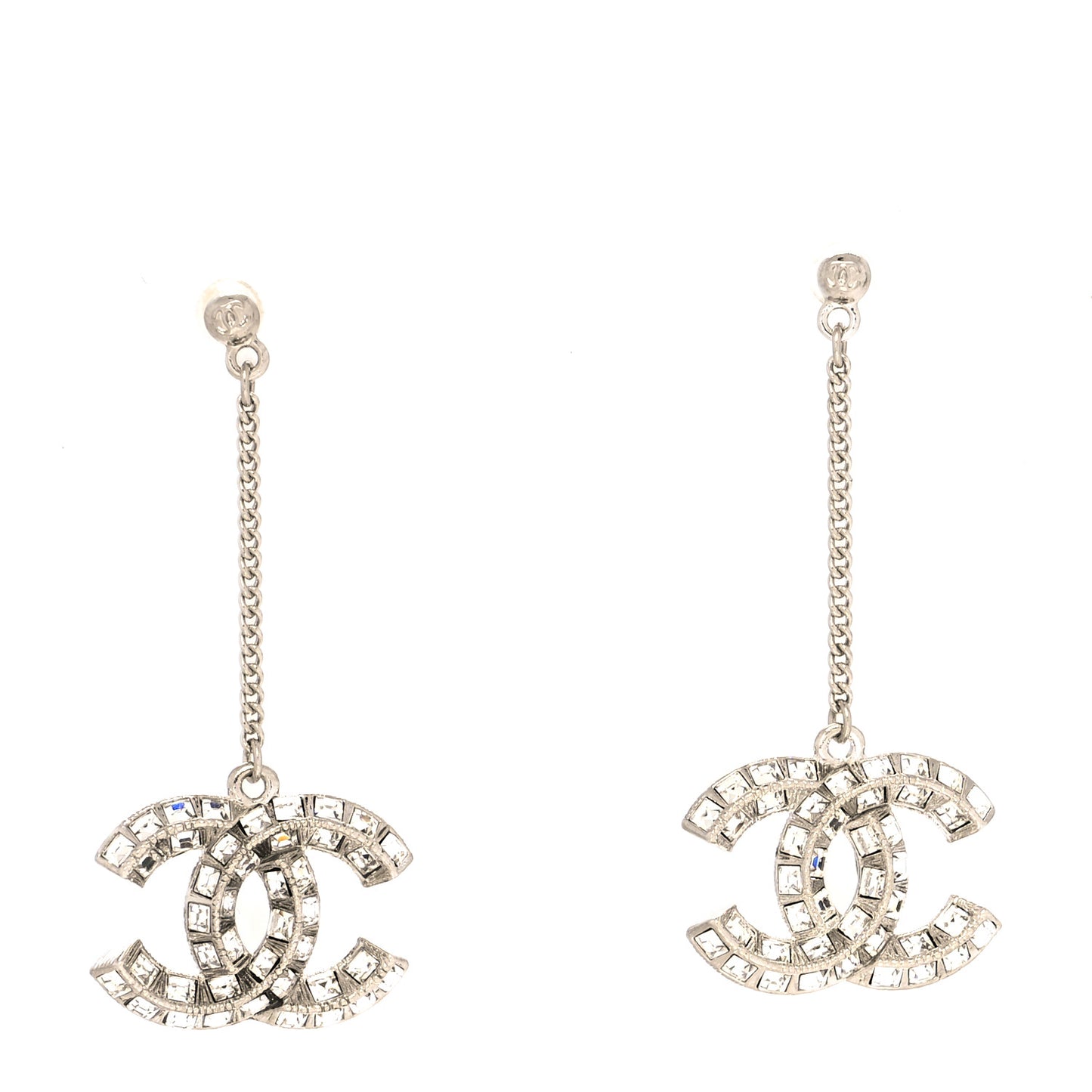 Baguette Crystal CC Drop Earrings Silver