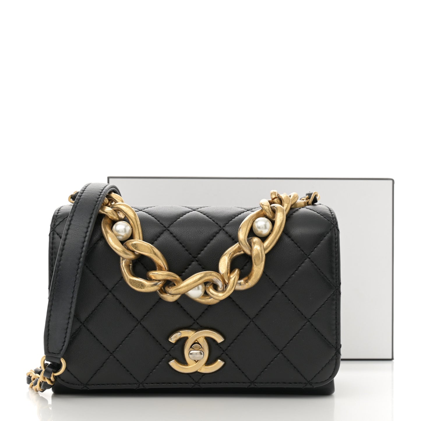 Calfskin Quilted Pearl Jewel Chain Flap Black