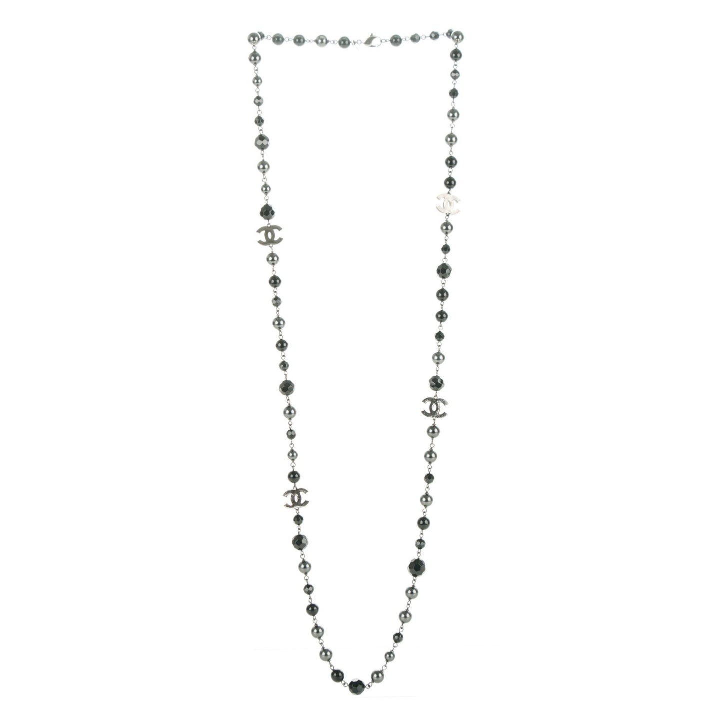 Ruthenium Pearl Beaded CC Long Necklace Black