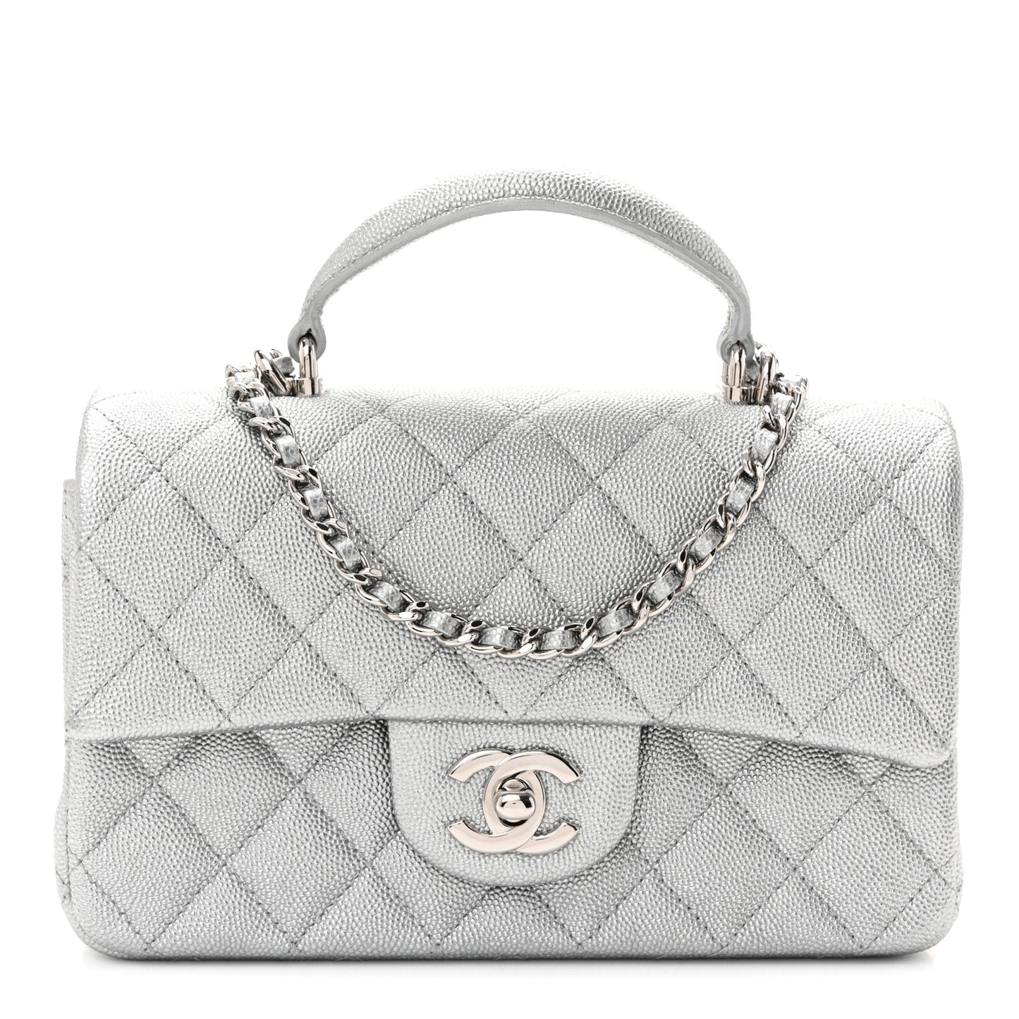 Metallic Caviar Quilted Mini Top Handle Rectangular Flap Silver