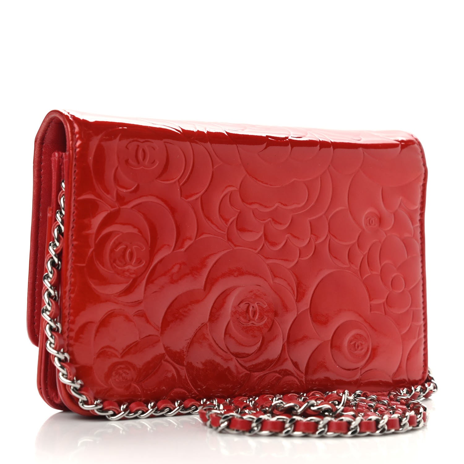 Chanel Patent Camellia Embossed Wallet On Chain WOC Red 3 of 15