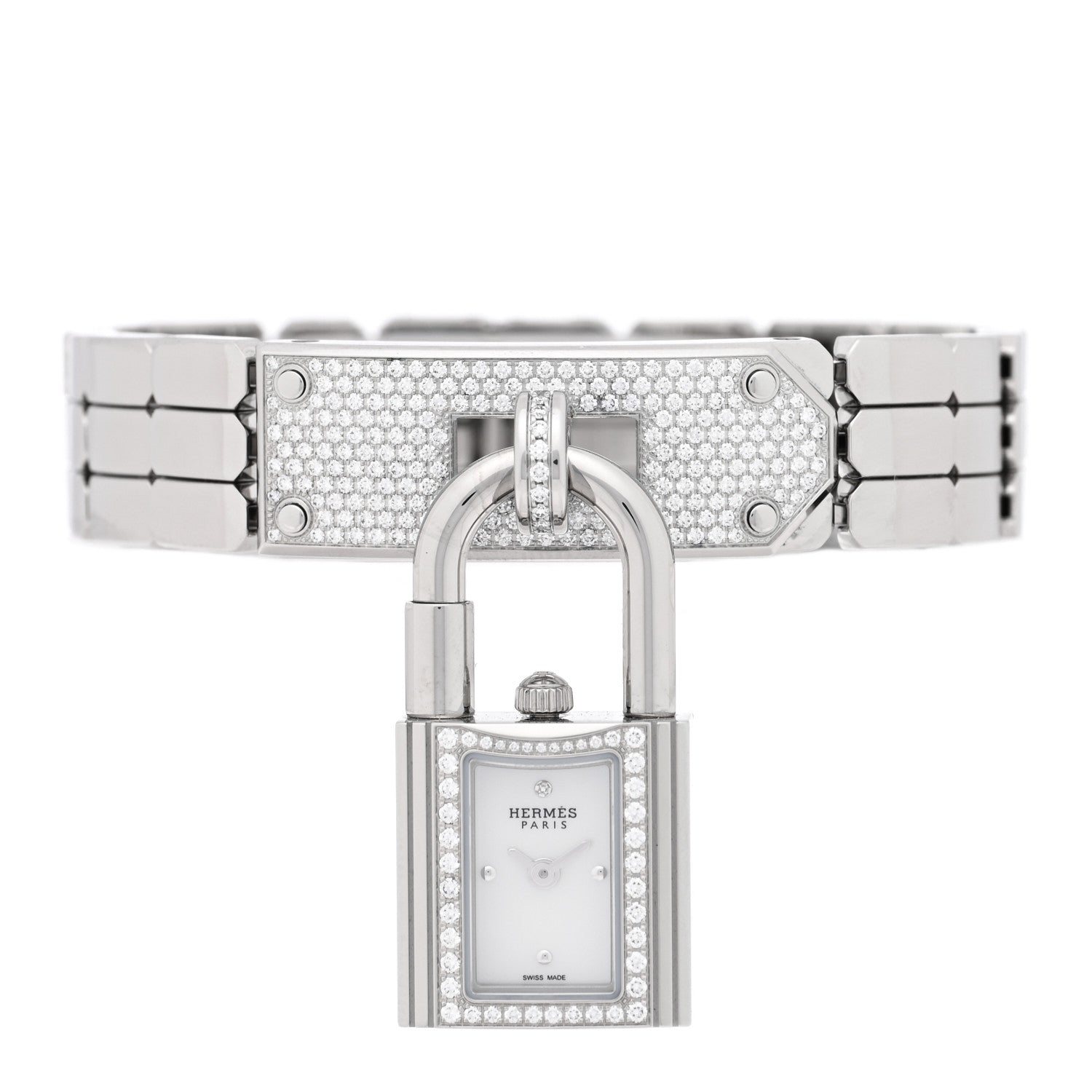 Hermes Stainless Steel Diamond Pave 16mm Kelly Quartz Watch 2 of 6