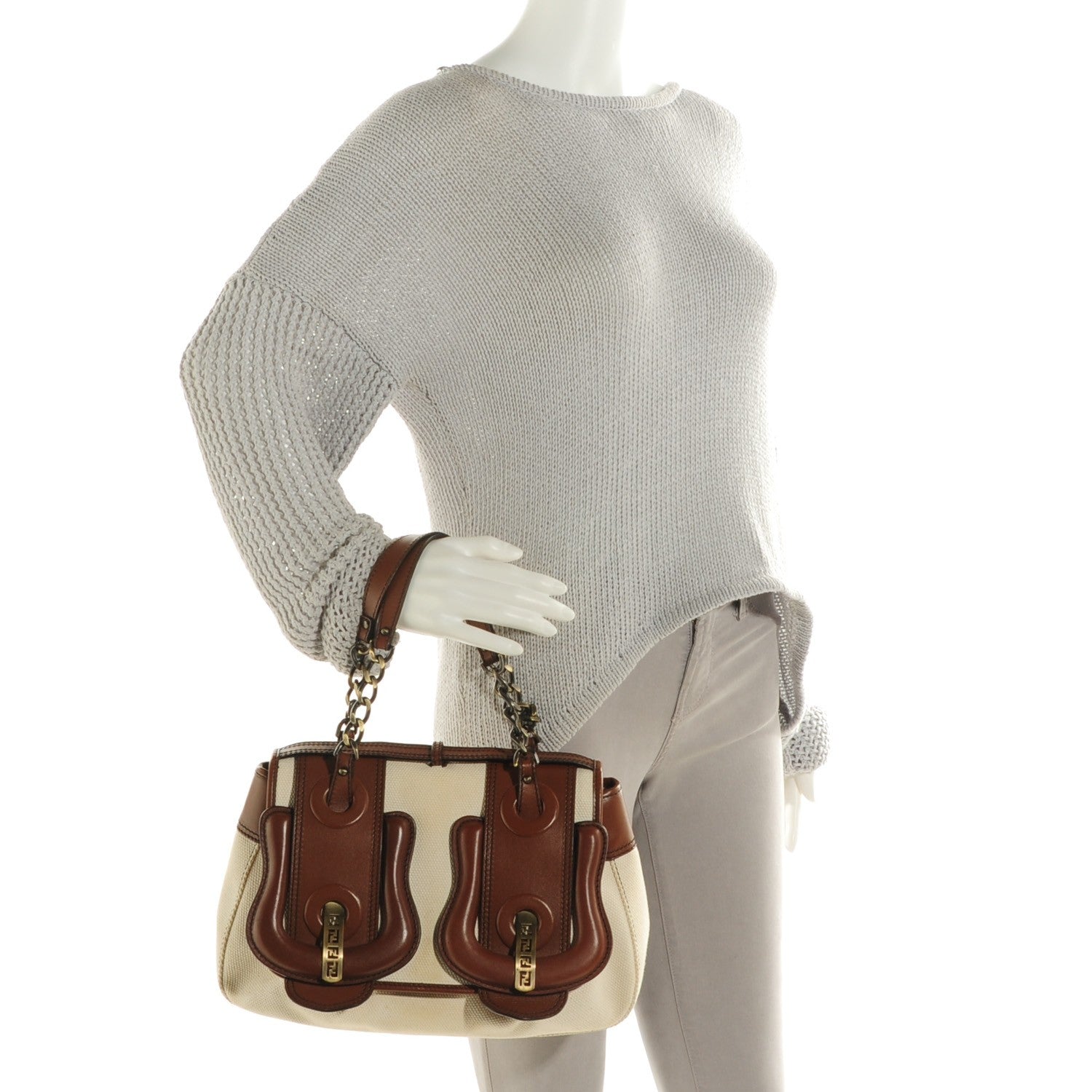 Fendi Toile Calfskin B Bag Beige Tan 2 of 9
