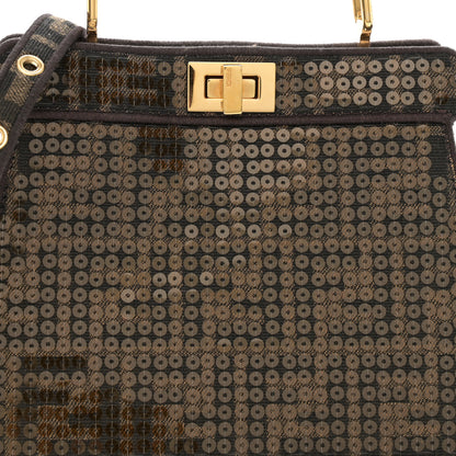 Fendi Fabric Jacquard Paillettes Vitello Seta FF 1974 Petite Peekaboo I SEE U Satchel Tobacco Moro 9 of 12