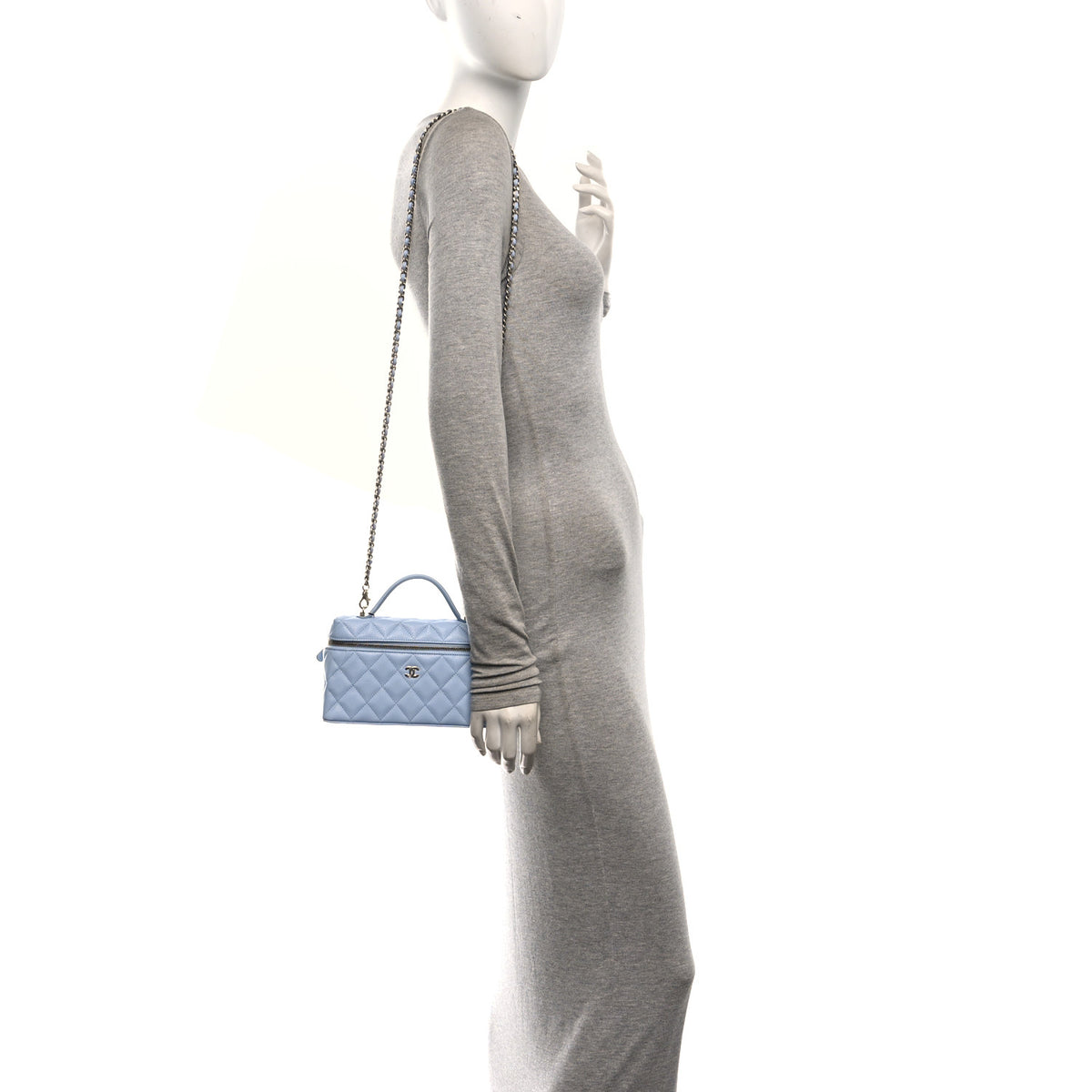 Caviar Quilted Top Handle Slim Vanity With Chain Light Blue