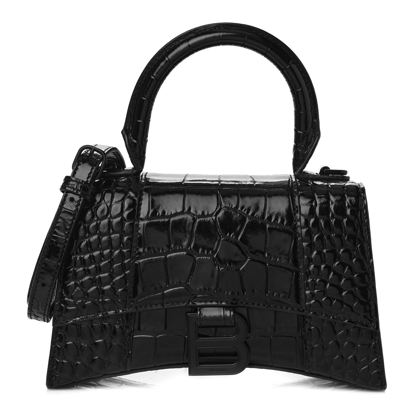 Shiny Calfskin Monochrome Crocodile Embossed Hourglass Top Handle Bag XS Black