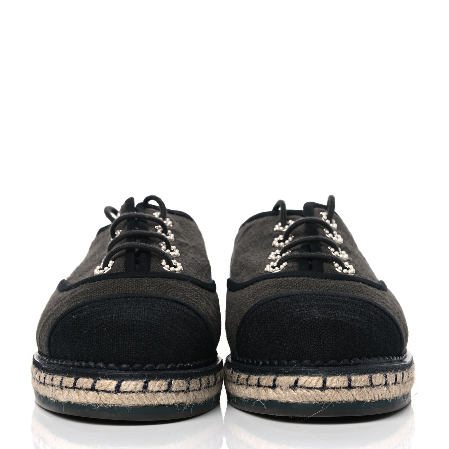 Chanel Cotton Lace Up Espadrilles 39 Dark Green Black 2 of 4