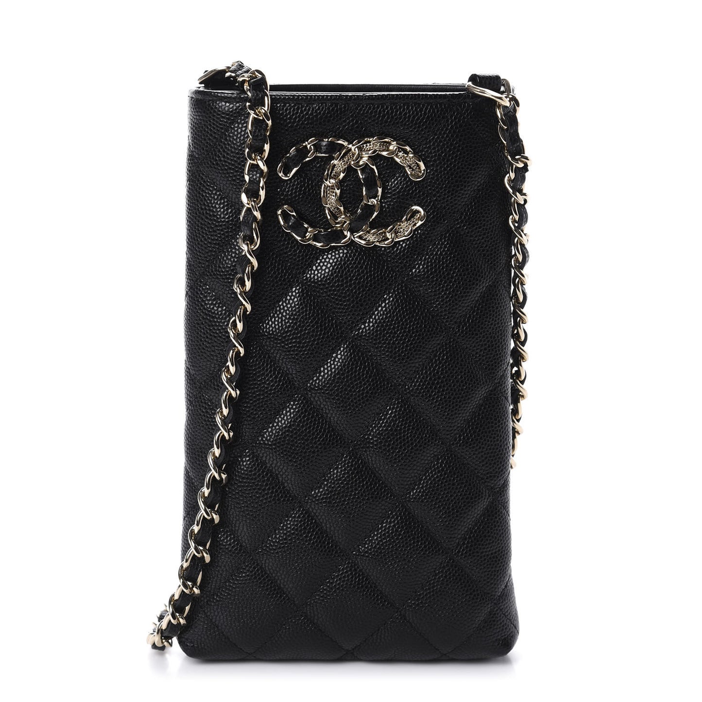 Caviar Quilted French New Wave Phone Holder With Chain Black