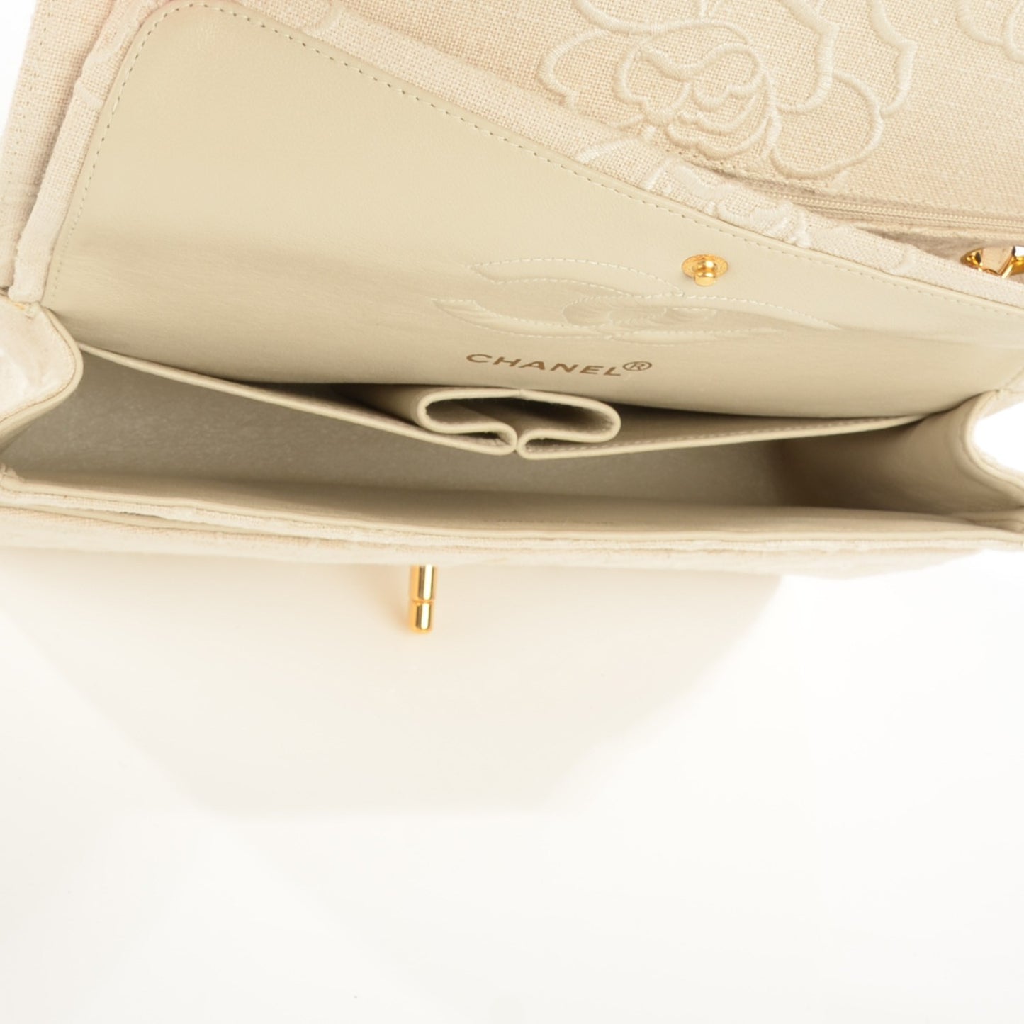 Canvas Camellia Embroidered Medium Double Flap Ivory
