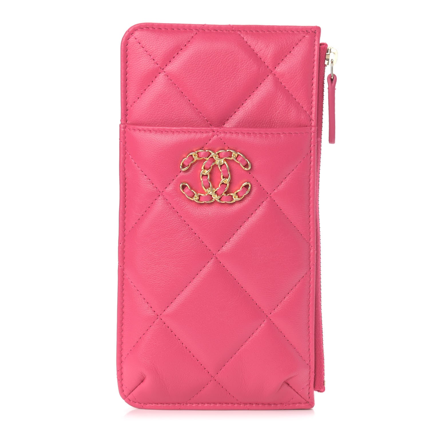 Chanel Shiny Goatskin Quilted Chanel 19 Flat Wallet Pouch Dark Pink 1 of 7