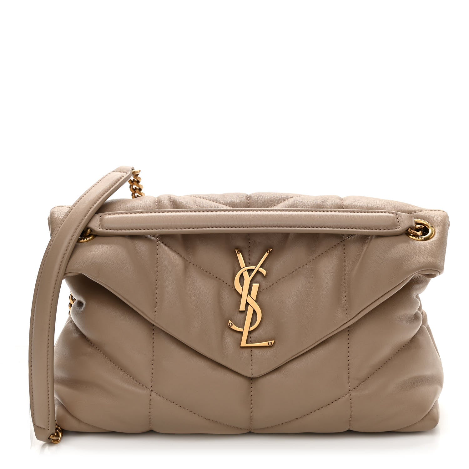 Saint Laurent Lambskin Quilted Small Loulou Puffer Monogram Chain Satchel Dark Beige 1 of 7
