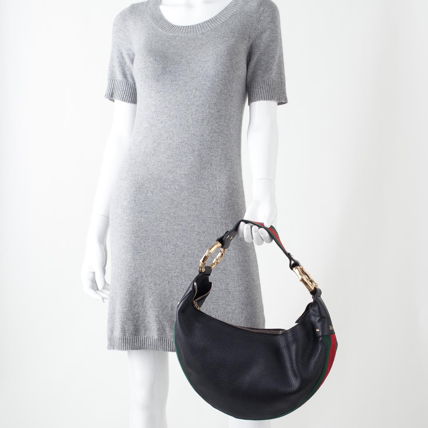 Gucci Pebbled Calfskin Web Bamboo Ring Hobo Black 2 of 9