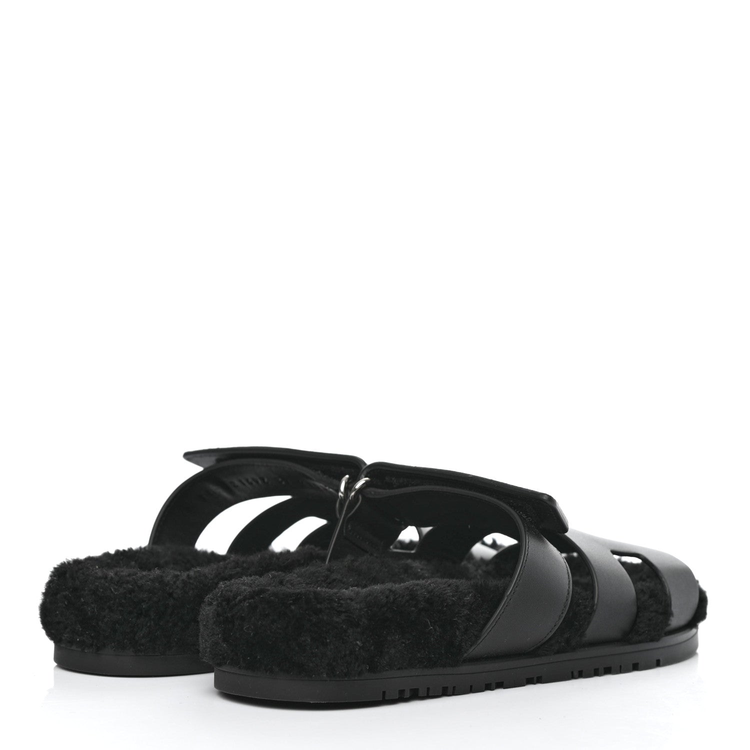 Hermes Calfskin Woolskin Womens Chypre Sandals 37 Black 4 of 9