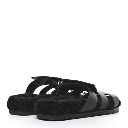 Hermes Calfskin Woolskin Womens Chypre Sandals 37 Black 4 of 9