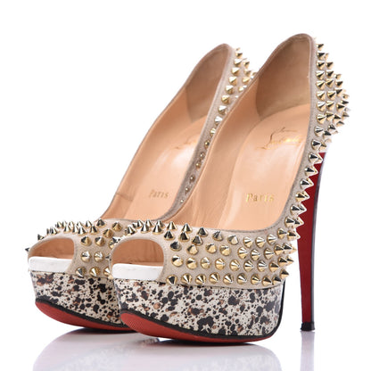 Christian Louboutin Veau Velours Patent Lady Peep Spikes 150 Pumps 36 Stone 3 of 14
