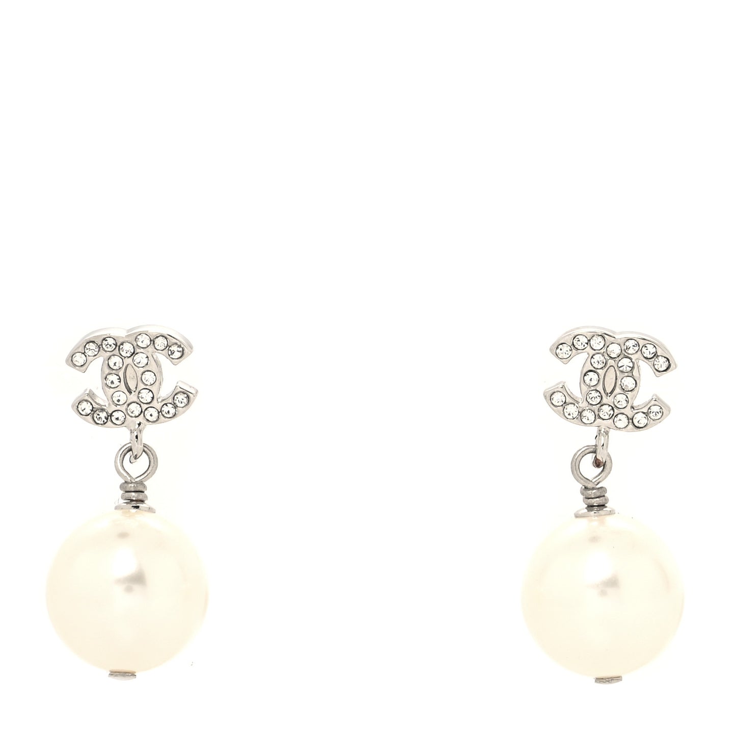 Crystal Pearl CC Drop Earrings Silver Pearly White