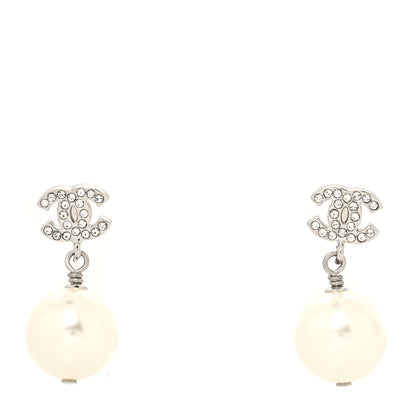 Chanel Crystal Pearl CC Drop Earrings Silver Pearly White 1 of 5