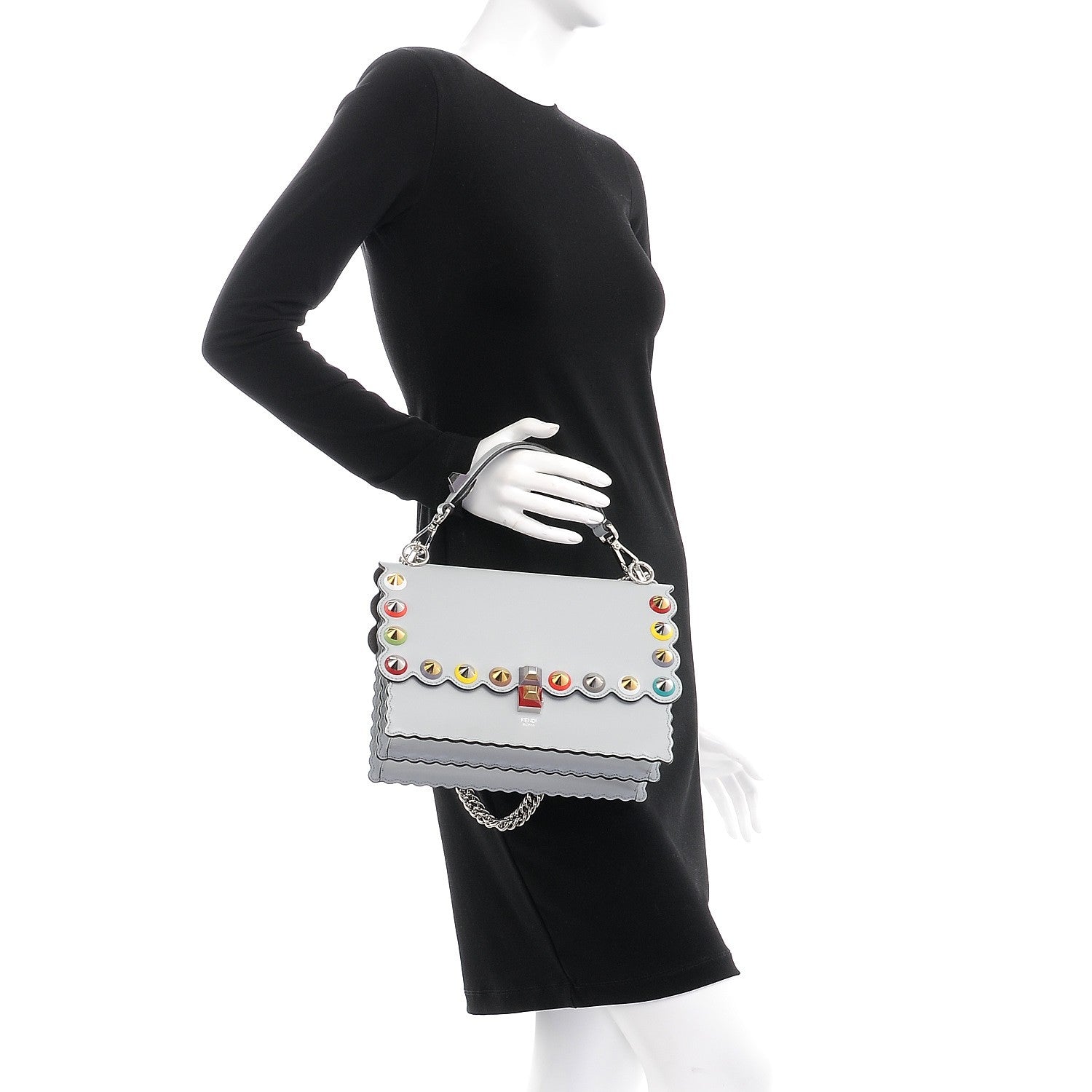 Fendi Vitello Liberty Scalloped Spike Studded Kan I Shoulder Bag Grigio Perla Multicolor 4 of 9