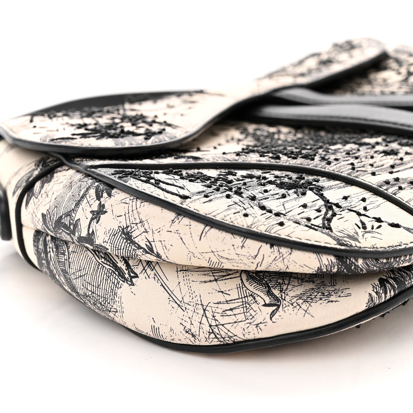 Calfskin Embroidered Palm Tree Toile De Jouy Saddle Bag White Black