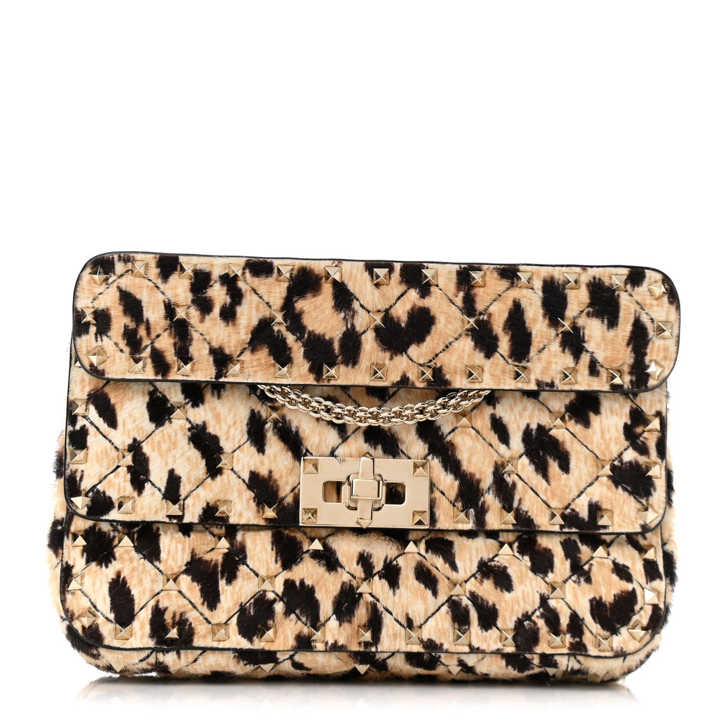 Calf Hair Leopard Print Small Rockstud Spike Shoulder Bag