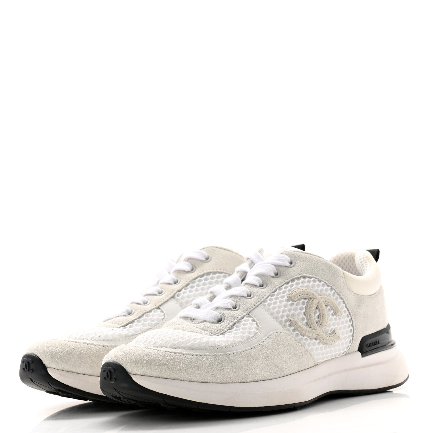 Chanel Calfskin Mesh Lycra Suede Womens Logo Sneakers 38 White 3 of 8
