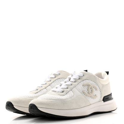 Chanel Calfskin Mesh Lycra Suede Womens Logo Sneakers 38 White 3 of 8