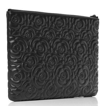 Chanel Lambskin Crystal Camellia Embossed Medium Cosmetic Case Black 3 of 7