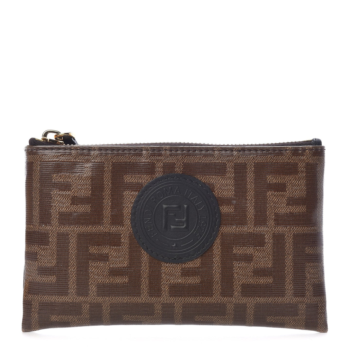 Glazed Fabric Vitello Century FF 1974 Stamp Patch XS FFreedom Flat Pouch Mogano Panna Black