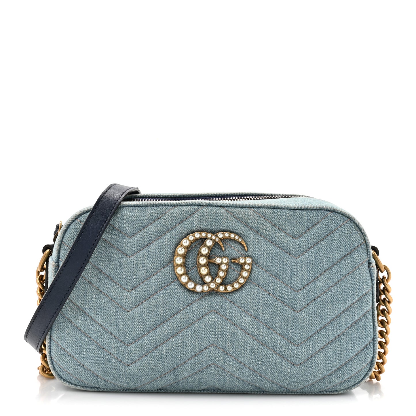 Denim Matelasse Small Pearly GG Marmont Chain Shoulder Bag Blue
