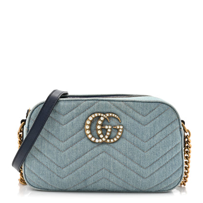 Gucci Denim Matelasse Small Pearly GG Marmont Chain Shoulder Bag Blue 1 of 10