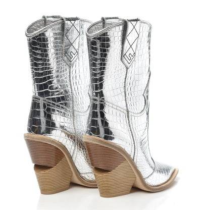 Fendi Metallic Calfskin Crocodile Embossed Cutwalk Ankle Boots 38.5 Silver 4 of 6