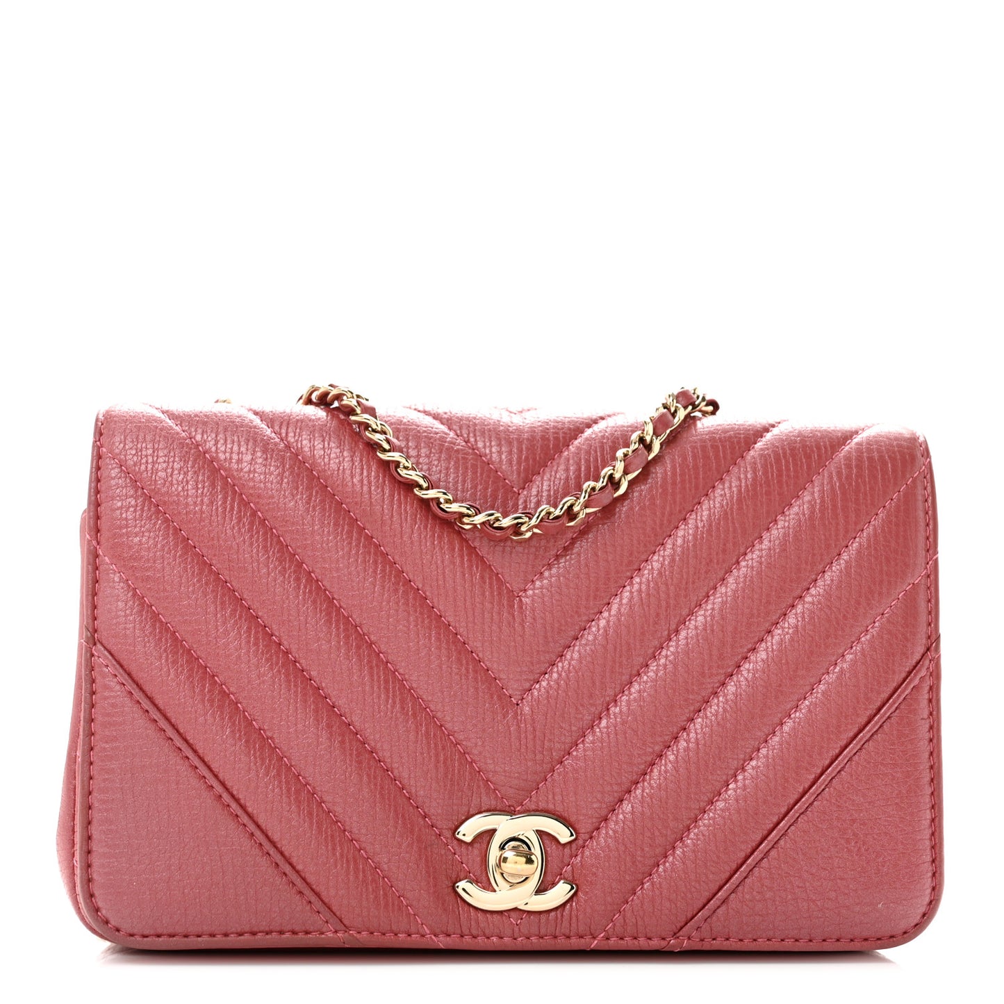 Calfskin Chevron Quilted Mini Statement Flap Pink