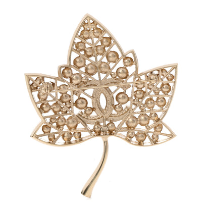 Chanel Pearl Crystal CC Leaf Brooch Gold 3 of 6