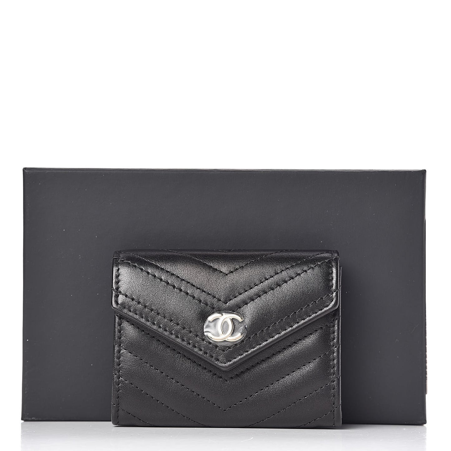 Calfskin Chevron Quilted Compact Flap Wallet Black