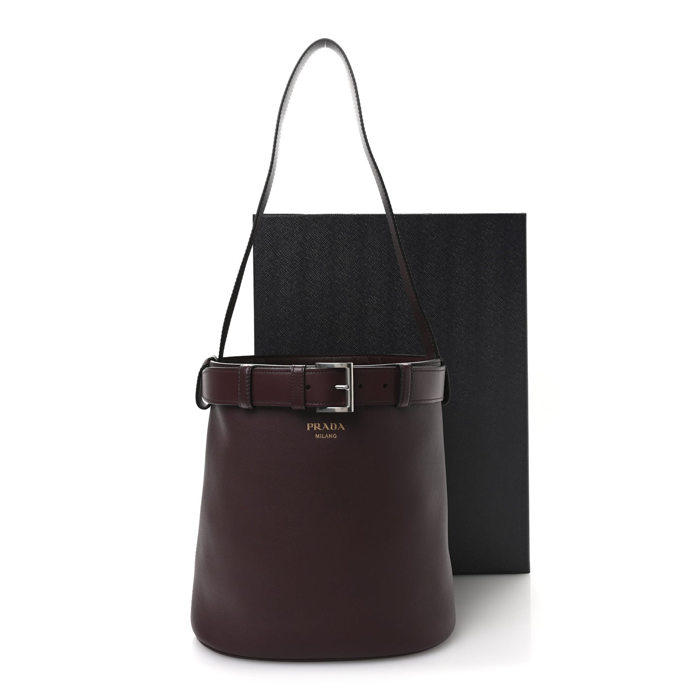 Calfskin Buckle Bucket Bag With Belt Bordeaux